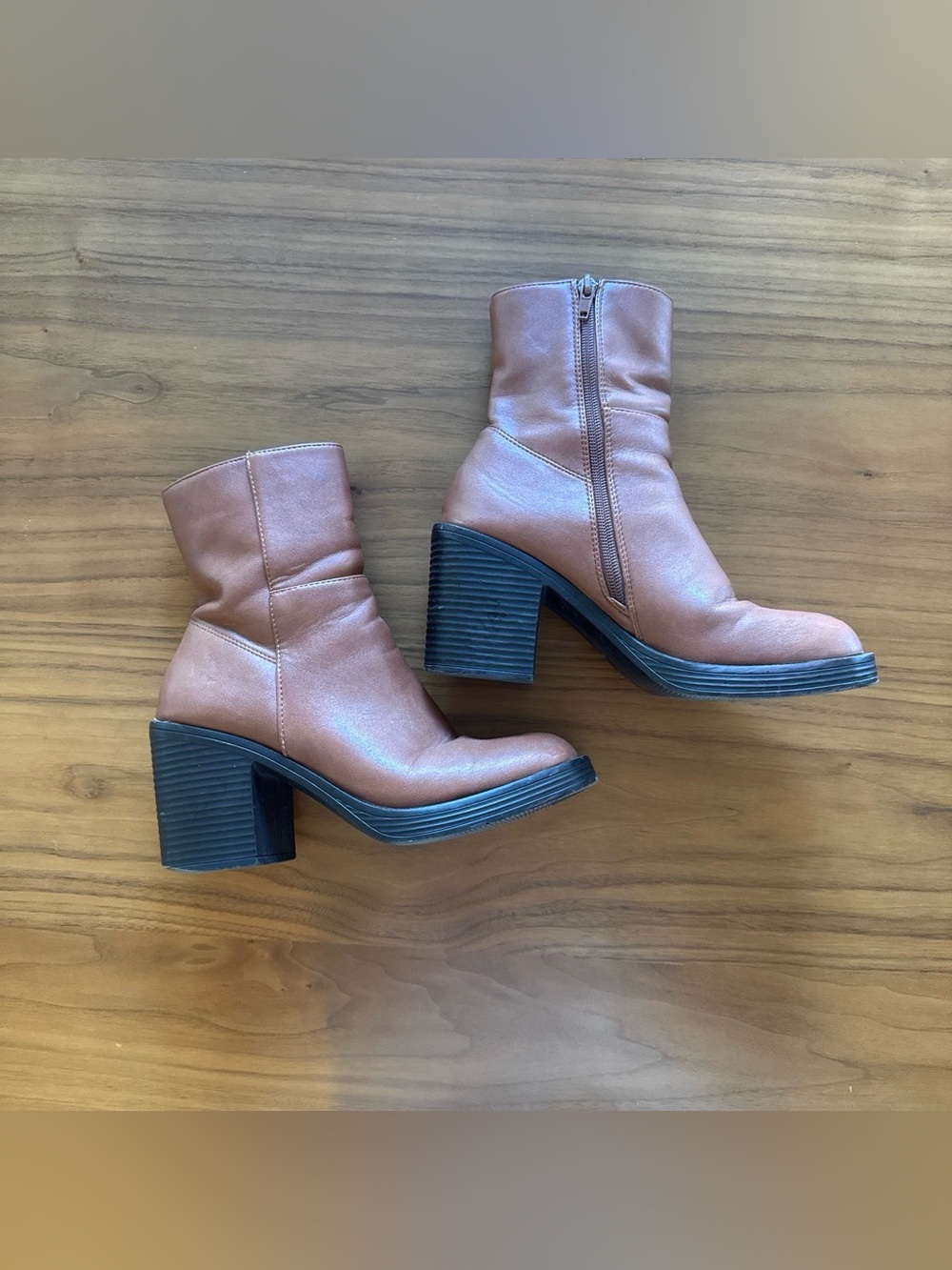 Classic Tan Leather Mid-Calf Block Heel Booties